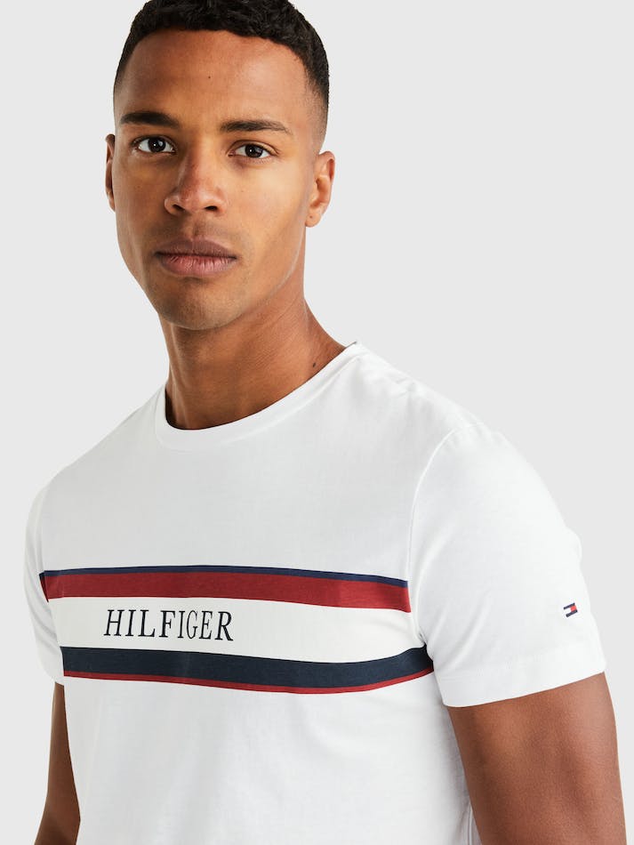 Tommy Hilfiger Stripe Logo Slim Fit Men's T Shirts White | KYhlQcotv8cr