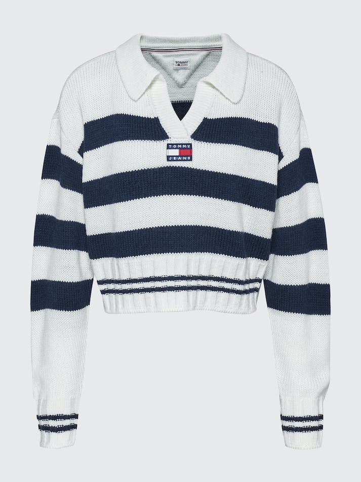 Tommy Jeans Stripe Rib-Knit Cropped Women's Jumpers Navy / Multicolor | sNjuVyMTzTeS