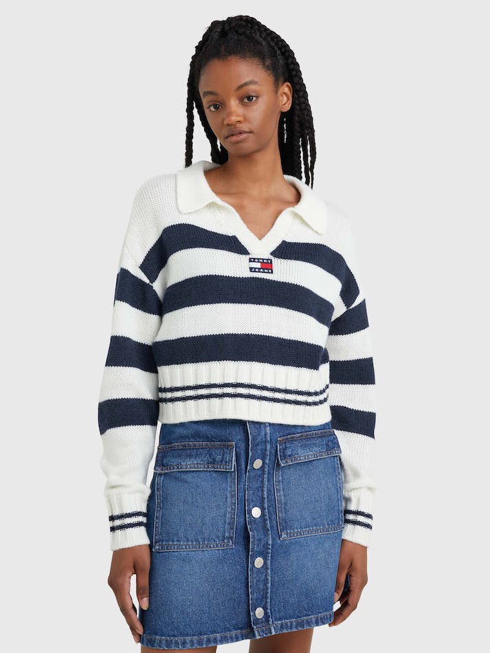 Tommy Jeans Stripe Rib-Knit Cropped Women's Jumpers Navy / Multicolor | sNjuVyMTzTeS