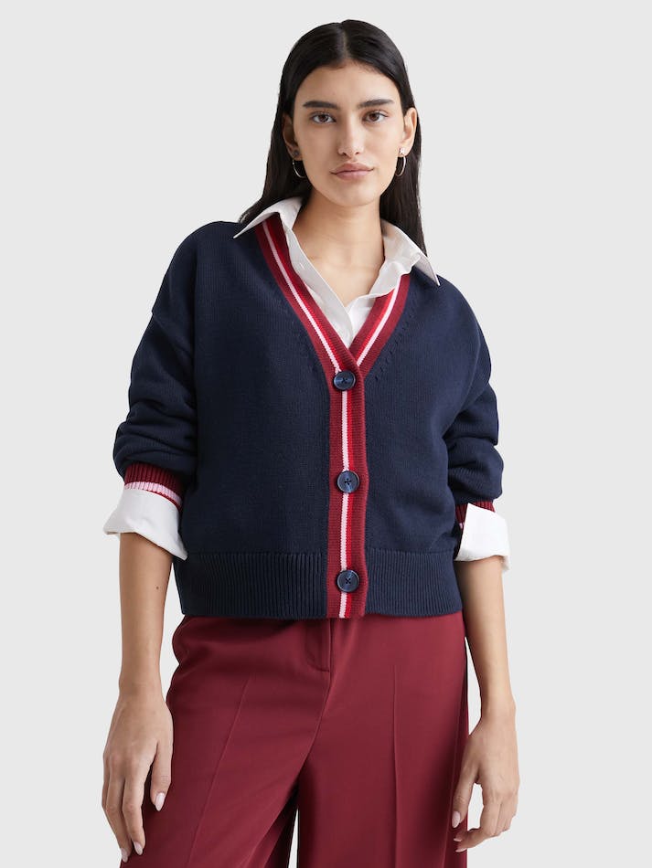 Tommy Hilfiger Stripe V-Neck Relaxed Fit Women\'s Cardigan Blue | 2HDlYY6OJobX