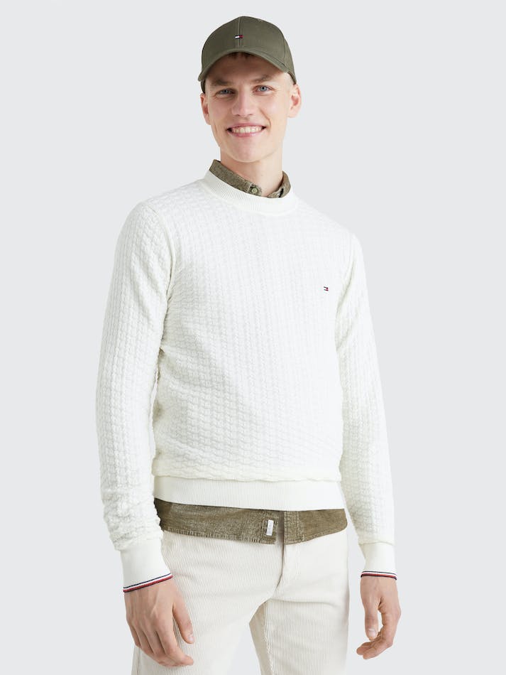 Tommy Hilfiger Structured Knit Crew-Neck Men's Jumpers White | DnvgWpXVgTUh