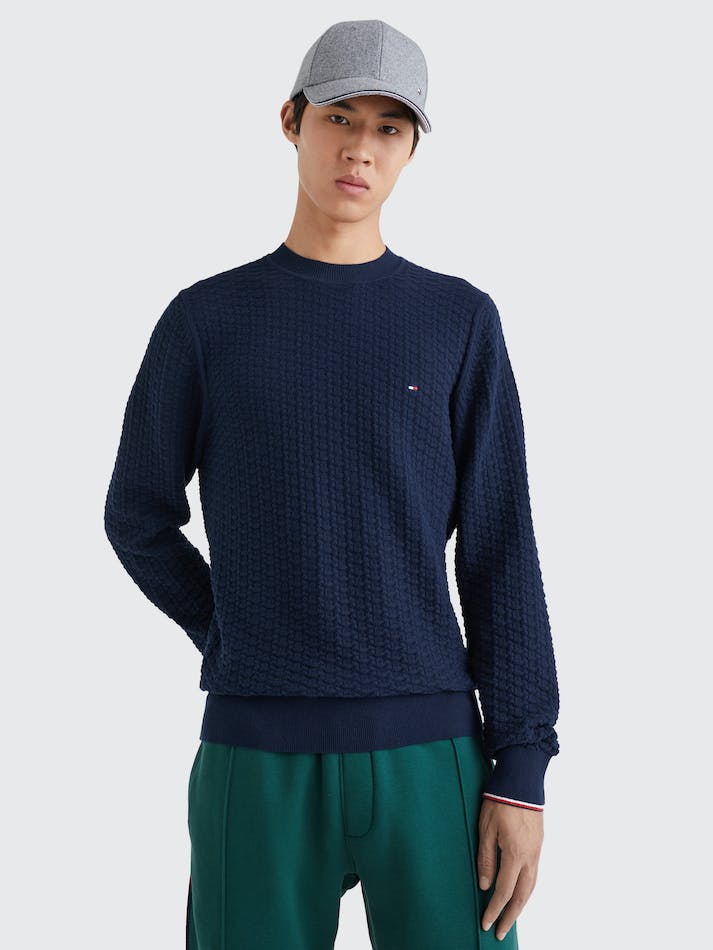 Tommy Hilfiger Structured Knit Crew-Neck Men's Jumpers Blue | x7JCWVGMiFTU