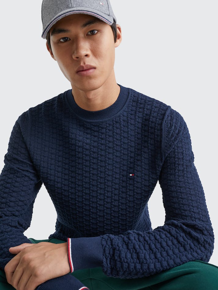 Tommy Hilfiger Structured Knit Crew-Neck Men's Jumpers Blue | x7JCWVGMiFTU