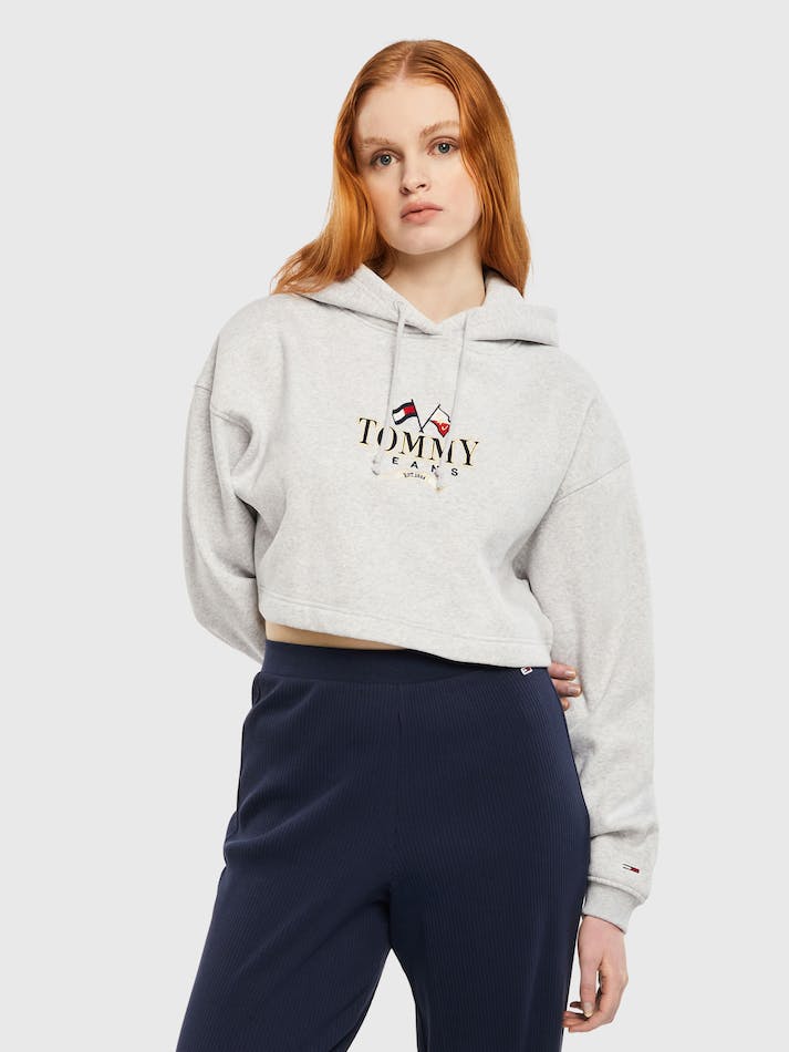 Tommy Jeans Super Cropped Logo Women\'s Hoodie Silver Grey | 9KeOaoXB03nN