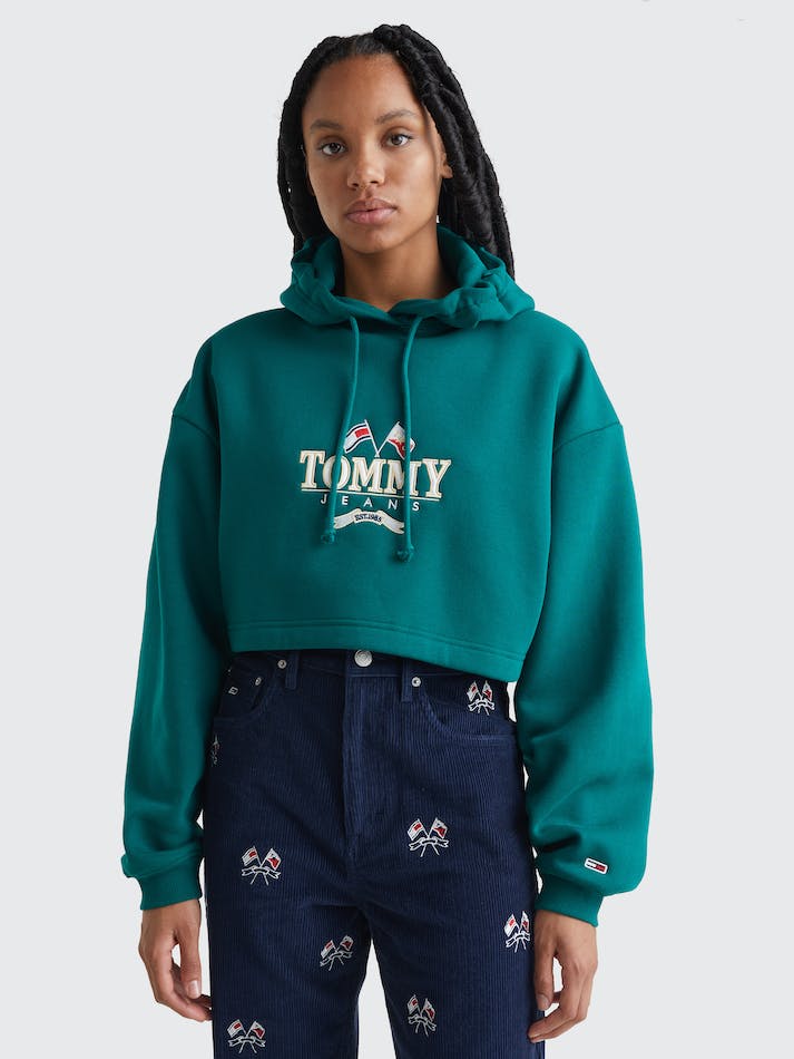 Tommy Jeans Super Cropped Logo Women's Hoodie Dark Green | IlVTohYX9POV