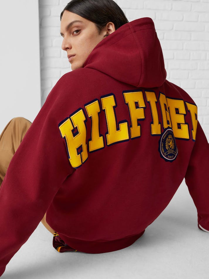 Tommy Hilfiger THLVarsity Applique Boxy Fit Men's Hoodie Dark Red | MqY0VwTQ2Uwe