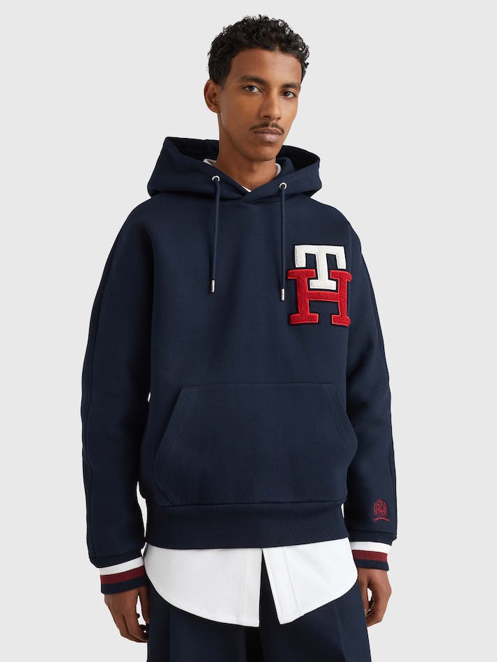 Tommy Hilfiger THL Varsity Applique Boxy Fit Men's Hoodie Blue | NyE3RMciSrUa