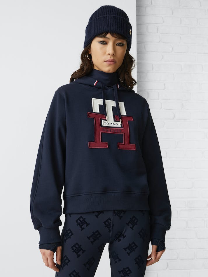 Tommy Hilfiger TH Monogram Applique Regular Fit Women's Hoodie Blue | 2gAznLgyQTmG