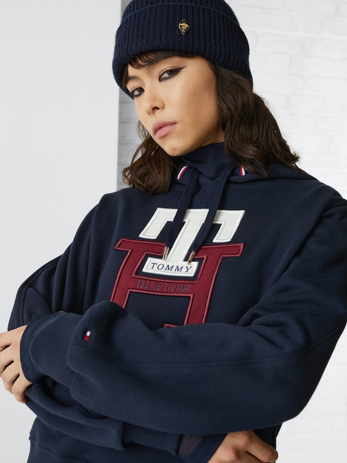 Tommy Hilfiger TH Monogram Applique Regular Fit Women's Hoodie Blue | 2gAznLgyQTmG