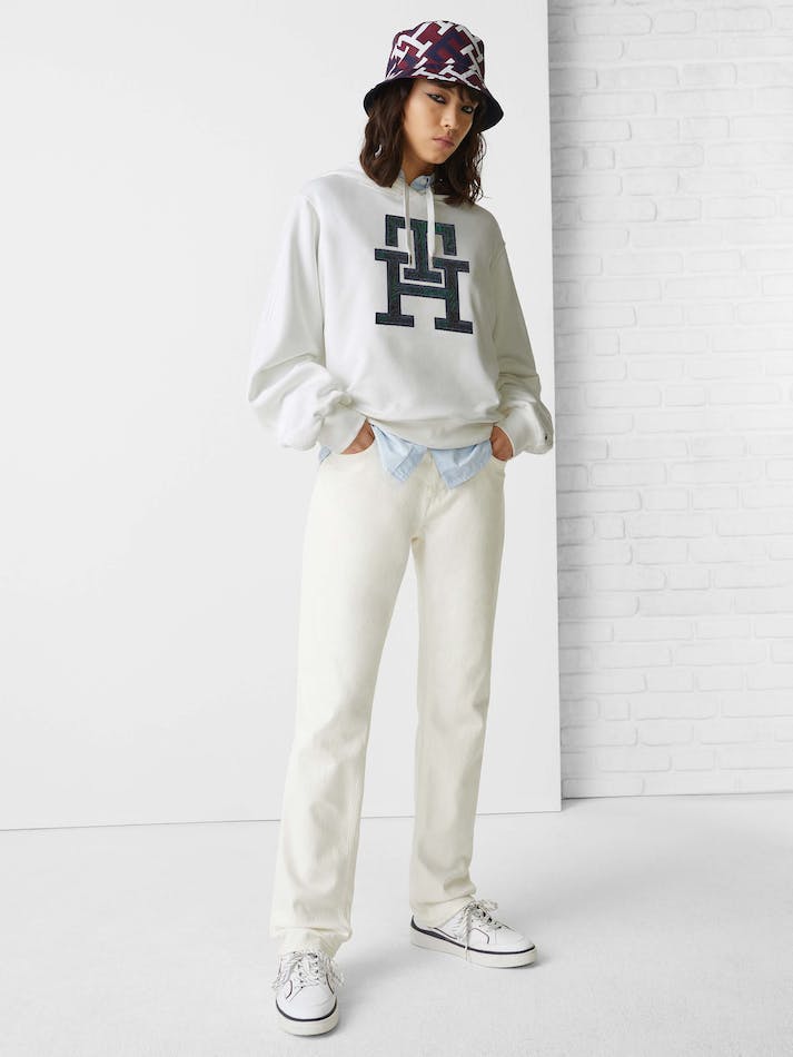 Tommy Hilfiger TH Monogram Applique Regular Fit Women's Hoodie White | eYbVCX2WmjTR