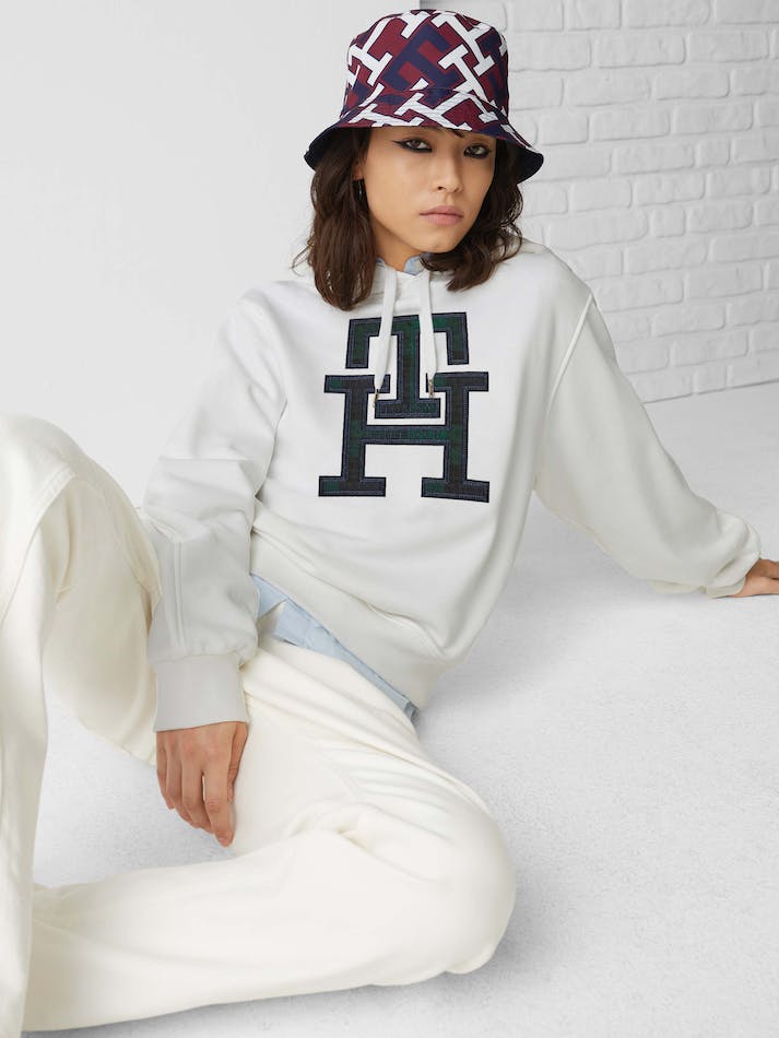 Tommy Hilfiger TH Monogram Applique Regular Fit Women's Hoodie White | eYbVCX2WmjTR