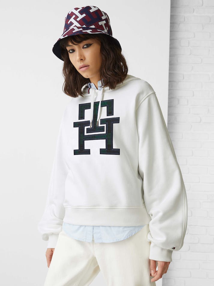 Tommy Hilfiger TH Monogram Applique Regular Fit Women's Hoodie White | eYbVCX2WmjTR