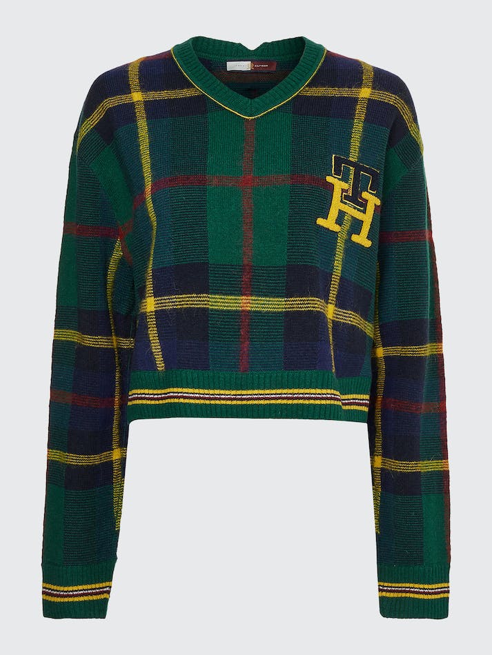 Tommy Hilfiger TH Monogram Black Watch Tartan Relaxed Women's Sweaters Blue | QQqu6BOOaAb1