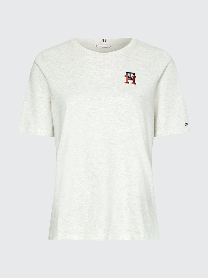 Tommy Hilfiger TH Monogram Embroidery Crew Neck Women's T Shirts Heathered Oatmilk | 1v3OYdbYfWVI