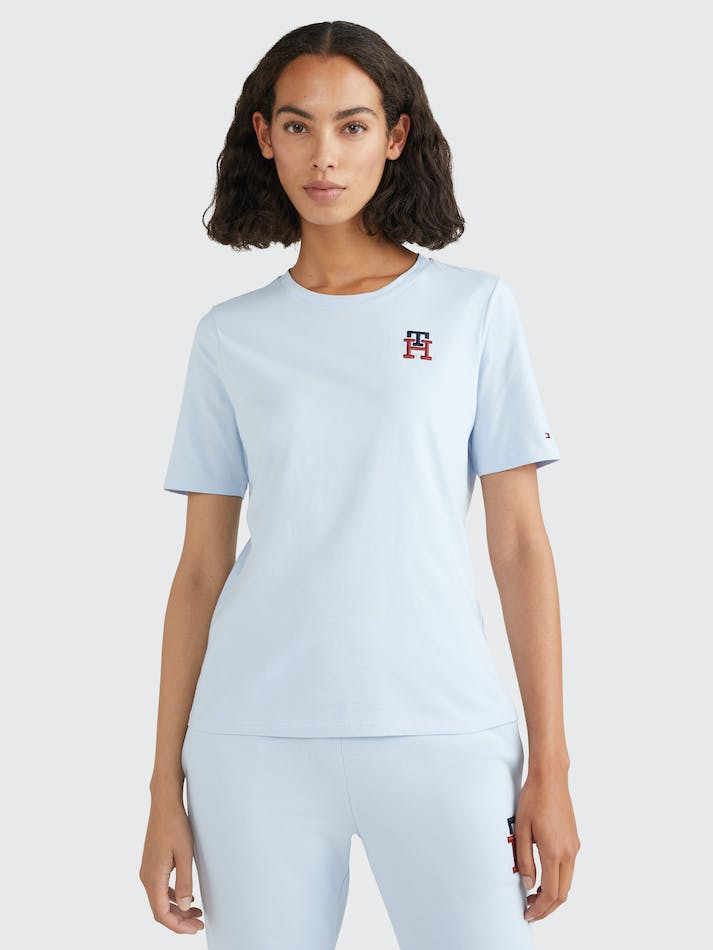 Tommy Hilfiger TH Monogram Embroidery Crew Neck Women's T Shirts Blue | IjVM9tE91KID