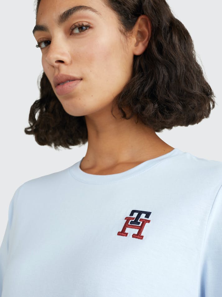 Tommy Hilfiger TH Monogram Embroidery Crew Neck Women's T Shirts Blue | IjVM9tE91KID