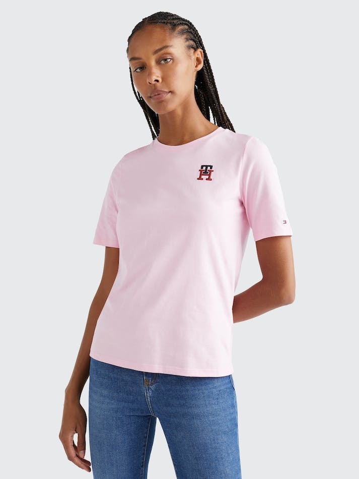 Tommy Hilfiger TH Monogram Embroidery Crew Neck Women's T Shirts Pink | MlkyE168Negr