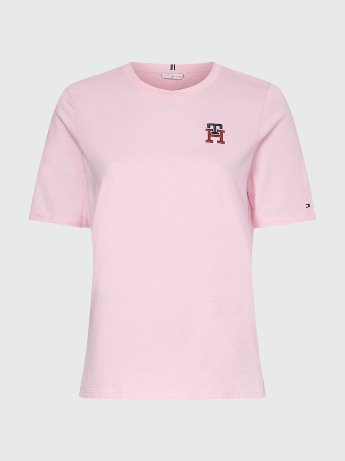 Tommy Hilfiger TH Monogram Embroidery Crew Neck Women's T Shirts Pink | MlkyE168Negr