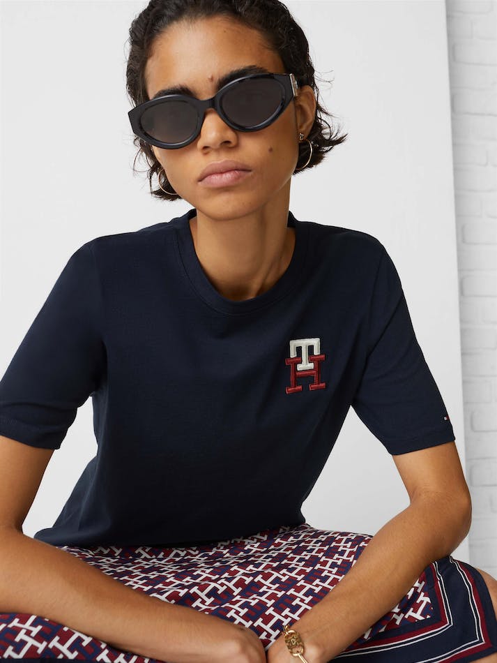 Tommy Hilfiger TH Monogram Embroidery Crew Neck Women's T Shirts Blue | jXr4eW7w7XZ3