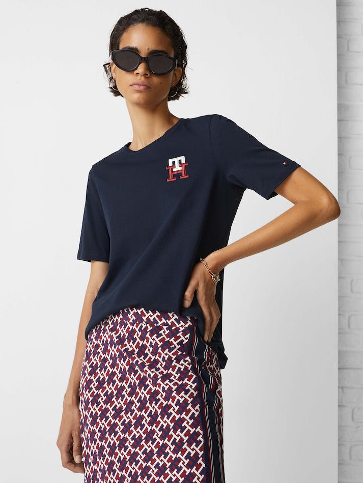 Tommy Hilfiger TH Monogram Embroidery Crew Neck Women's T Shirts Blue | jXr4eW7w7XZ3