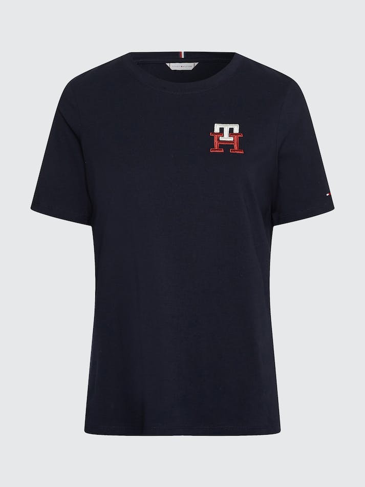 Tommy Hilfiger TH Monogram Embroidery Crew Neck Women's T Shirts Blue | jXr4eW7w7XZ3