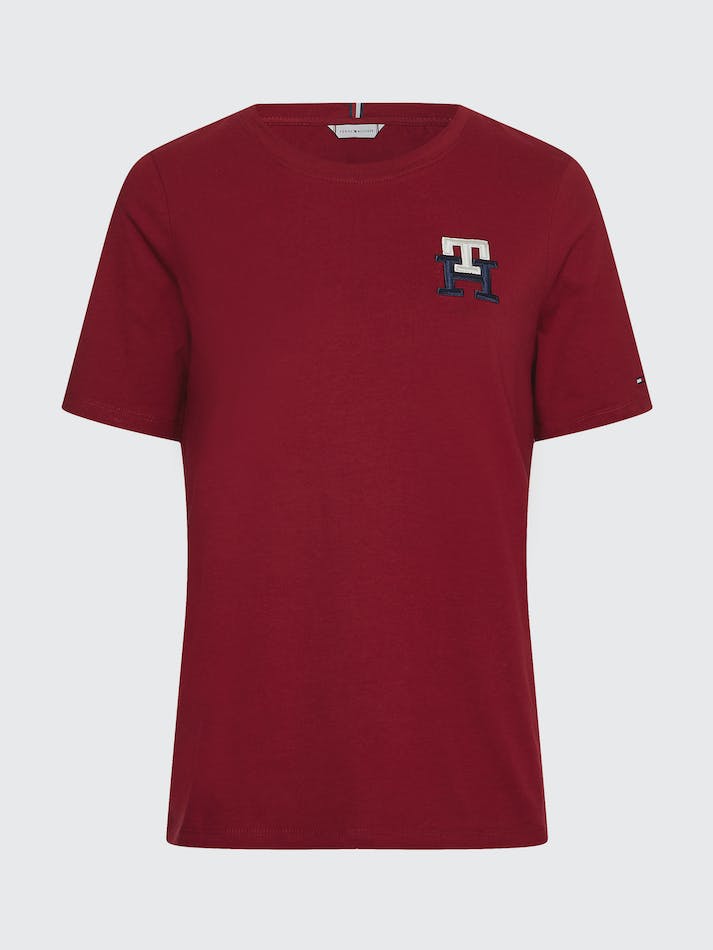 Tommy Hilfiger TH Monogram Embroidery Crew Neck Women's T Shirts Dark Red | uEpEVEHgY7Fq