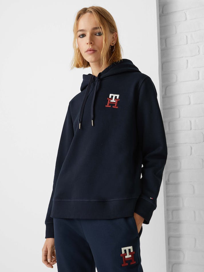 Tommy Hilfiger TH Monogram Embroidery Flex Fleece Women's Hoodie Blue | gUBYobLxQ1i8