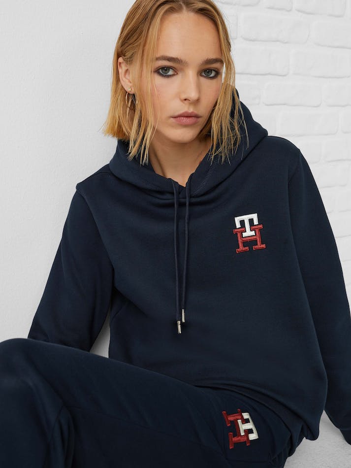 Tommy Hilfiger TH Monogram Embroidery Flex Fleece Women's Hoodie Blue | gUBYobLxQ1i8