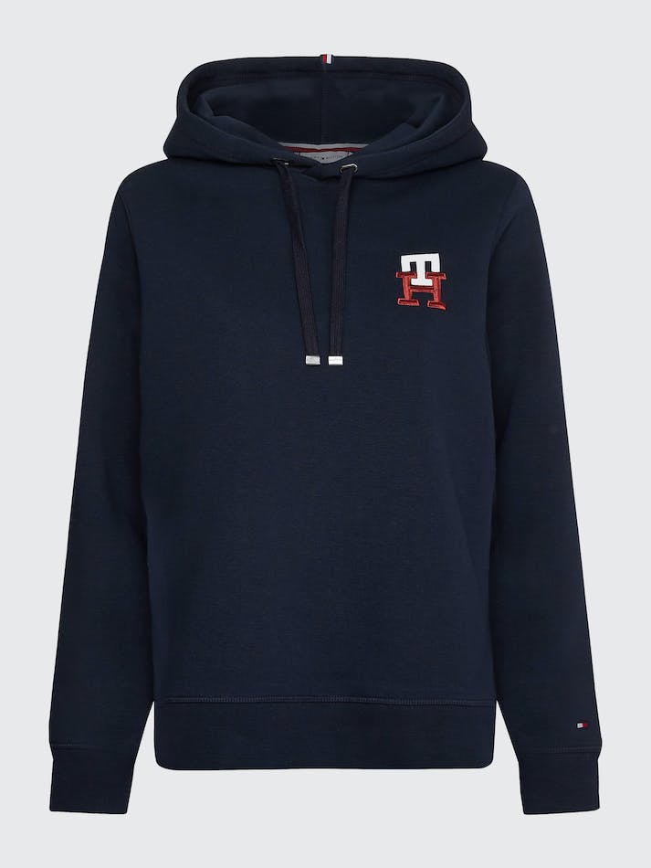 Tommy Hilfiger TH Monogram Embroidery Flex Fleece Women's Hoodie Blue | gUBYobLxQ1i8