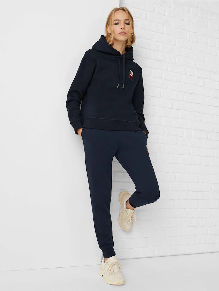 Tommy Hilfiger TH Monogram Embroidery Flex Fleece Women\'s Hoodie Blue | gUBYobLxQ1i8