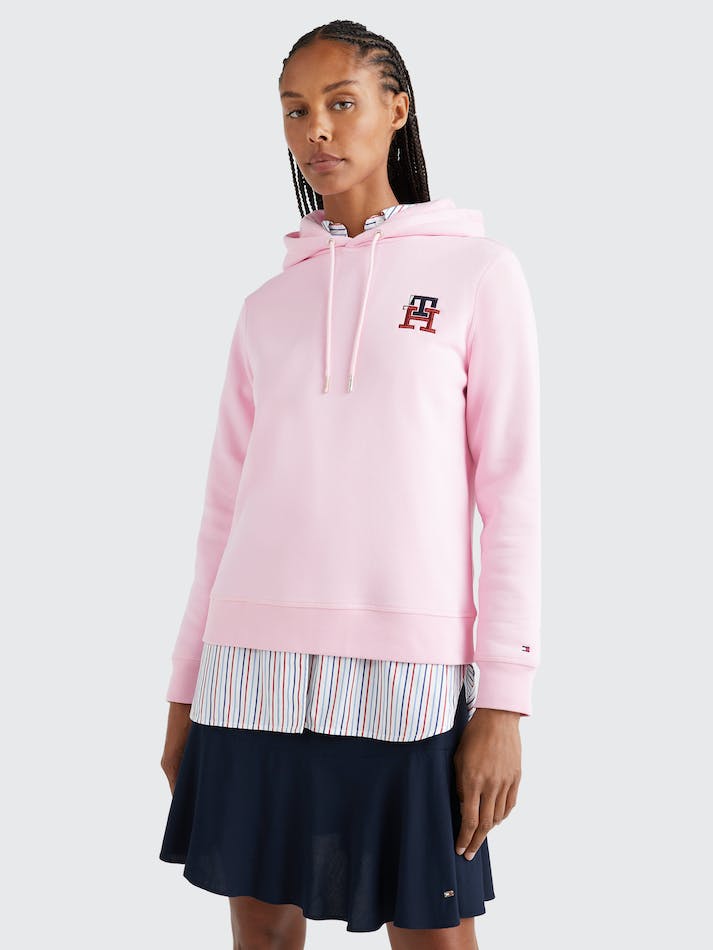 Tommy Hilfiger TH Monogram Embroidery Flex Fleece Women's Hoodie Pink | k8LhxqDiXRSk