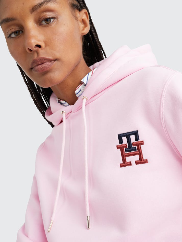 Tommy Hilfiger TH Monogram Embroidery Flex Fleece Women's Hoodie Pink | k8LhxqDiXRSk