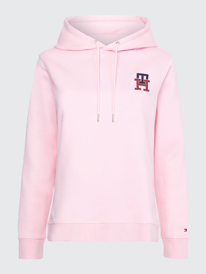 Tommy Hilfiger TH Monogram Embroidery Flex Fleece Women's Hoodie Pink | k8LhxqDiXRSk