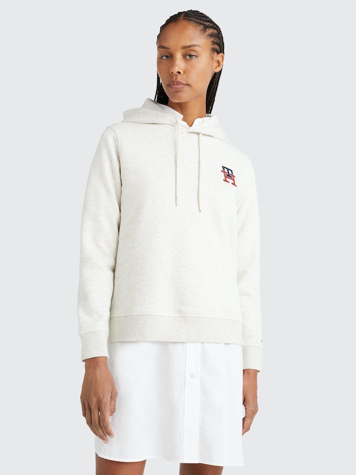 Tommy Hilfiger TH Monogram Embroidery Flex Fleece Women's Hoodie Heathered Oatmilk | tfT4JxZWMNUy