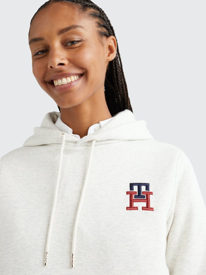 Tommy Hilfiger TH Monogram Embroidery Flex Fleece Women's Hoodie Heathered Oatmilk | tfT4JxZWMNUy