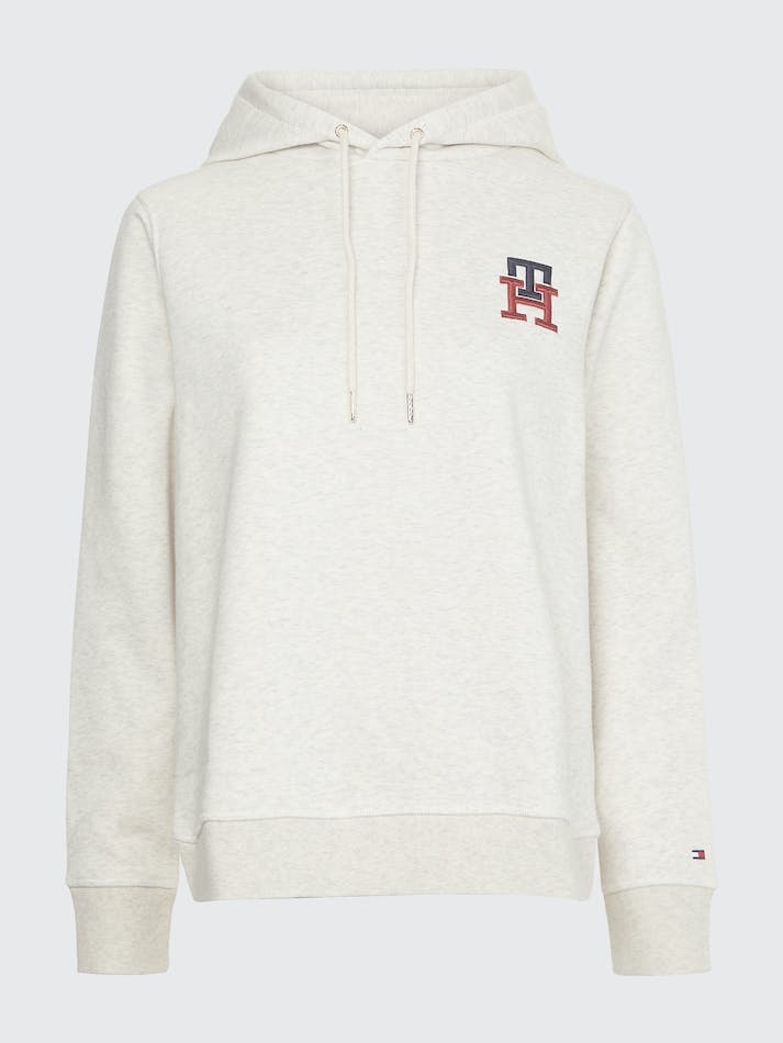 Tommy Hilfiger TH Monogram Embroidery Flex Fleece Women's Hoodie Heathered Oatmilk | tfT4JxZWMNUy