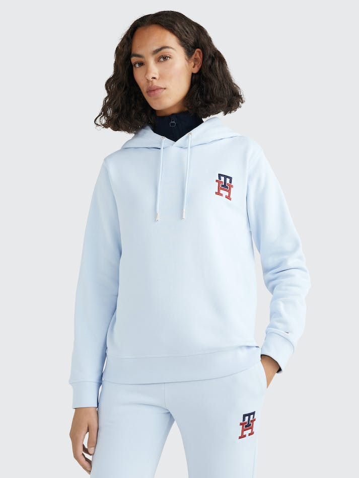 Tommy Hilfiger TH Monogram Embroidery Flex Fleece Women's Hoodie Blue | uMbK7crc2M5P