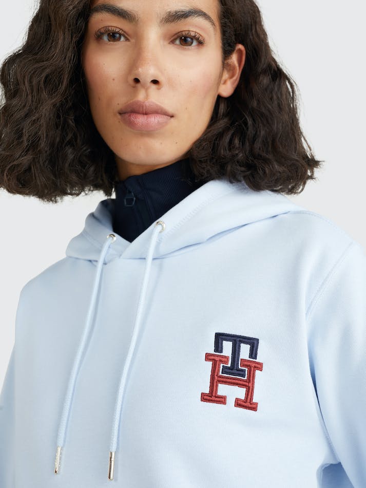 Tommy Hilfiger TH Monogram Embroidery Flex Fleece Women's Hoodie Blue | uMbK7crc2M5P