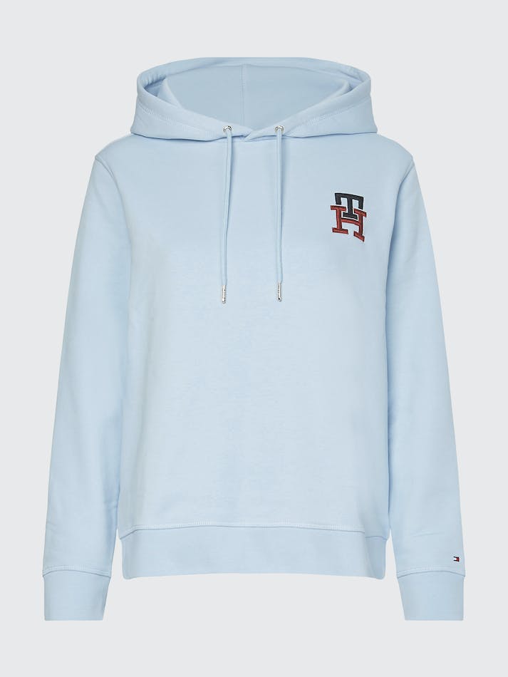 Tommy Hilfiger TH Monogram Embroidery Flex Fleece Women's Hoodie Blue | uMbK7crc2M5P