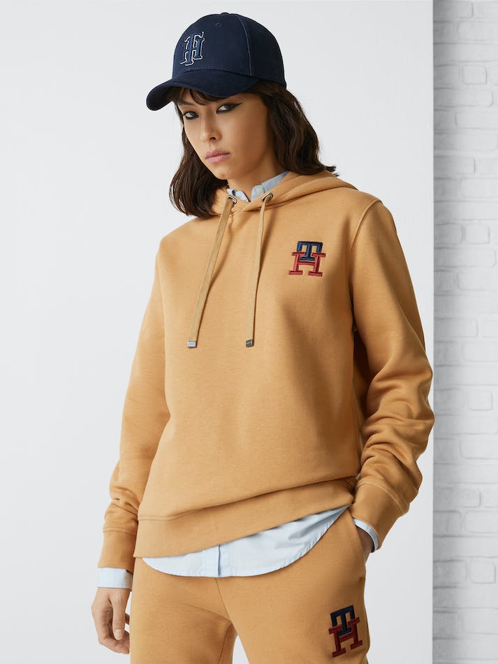 Tommy Hilfiger TH Monogram Embroidery Flex Fleece Women's Hoodie Khaki | xzEm714sLHTp