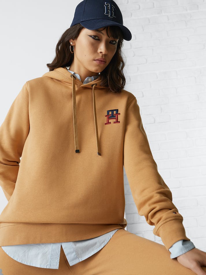 Tommy Hilfiger TH Monogram Embroidery Flex Fleece Women's Hoodie Khaki | xzEm714sLHTp