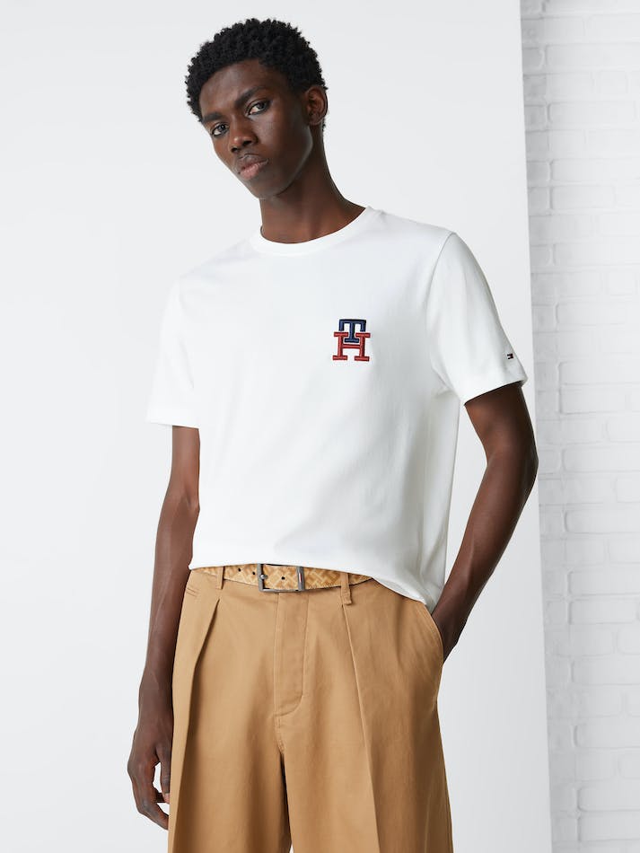 Tommy Hilfiger TH Monogram Essential Embroidery Men's T Shirts White | LBsU4YYUgTjL