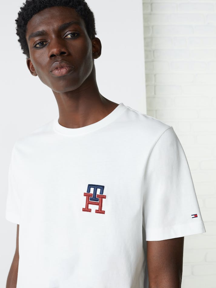 Tommy Hilfiger TH Monogram Essential Embroidery Men's T Shirts White | LBsU4YYUgTjL