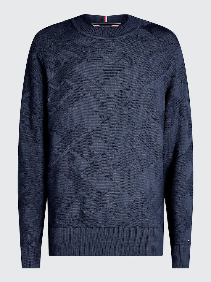 Tommy Hilfiger TH Monogram Knit Relaxed Fit Men's Jumpers Blue | OPk4w9iBb9GB