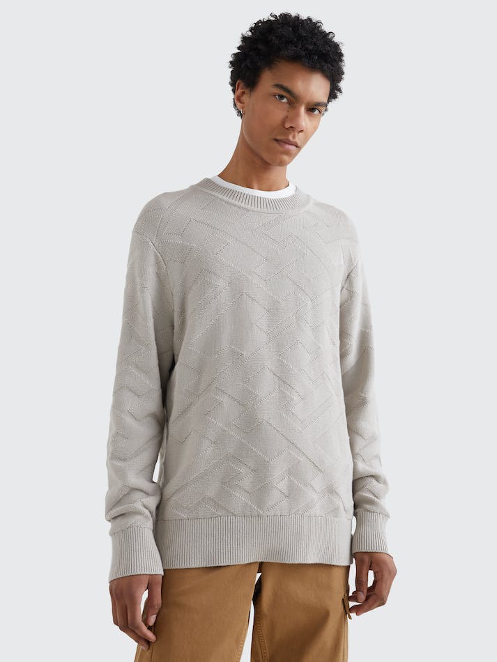 Tommy Hilfiger TH Monogram Knit Relaxed Fit Men\'s Jumpers Grey | qrPhrwgZmGDK