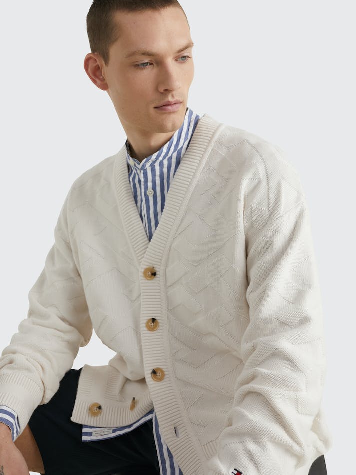 Tommy Hilfiger TH Monogram Oversized Fit Men's Cardigan White | sGLgqPXYFVlc