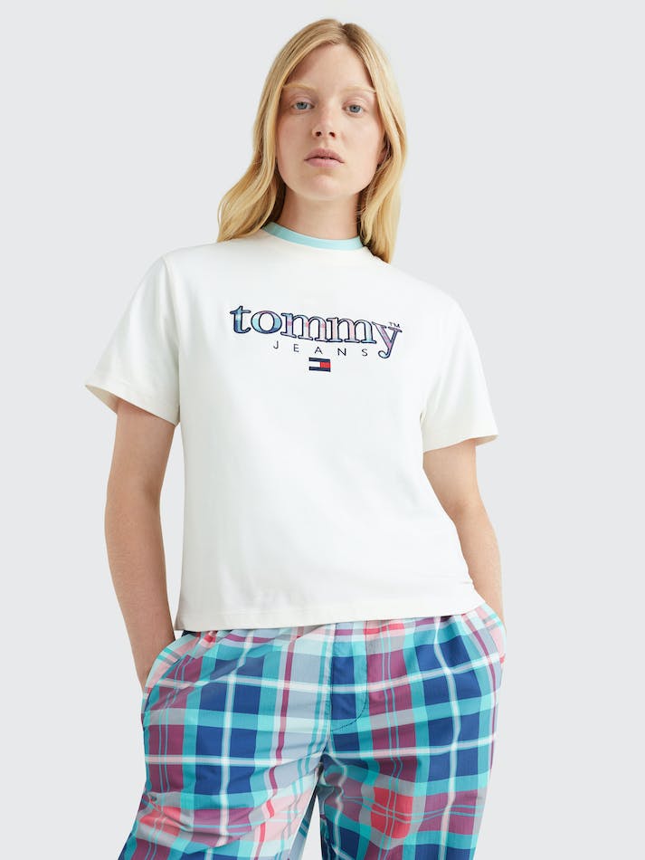 Tommy Jeans Tartan Logo Classic Fit Women's T Shirts White | XJwYZqPy7evz