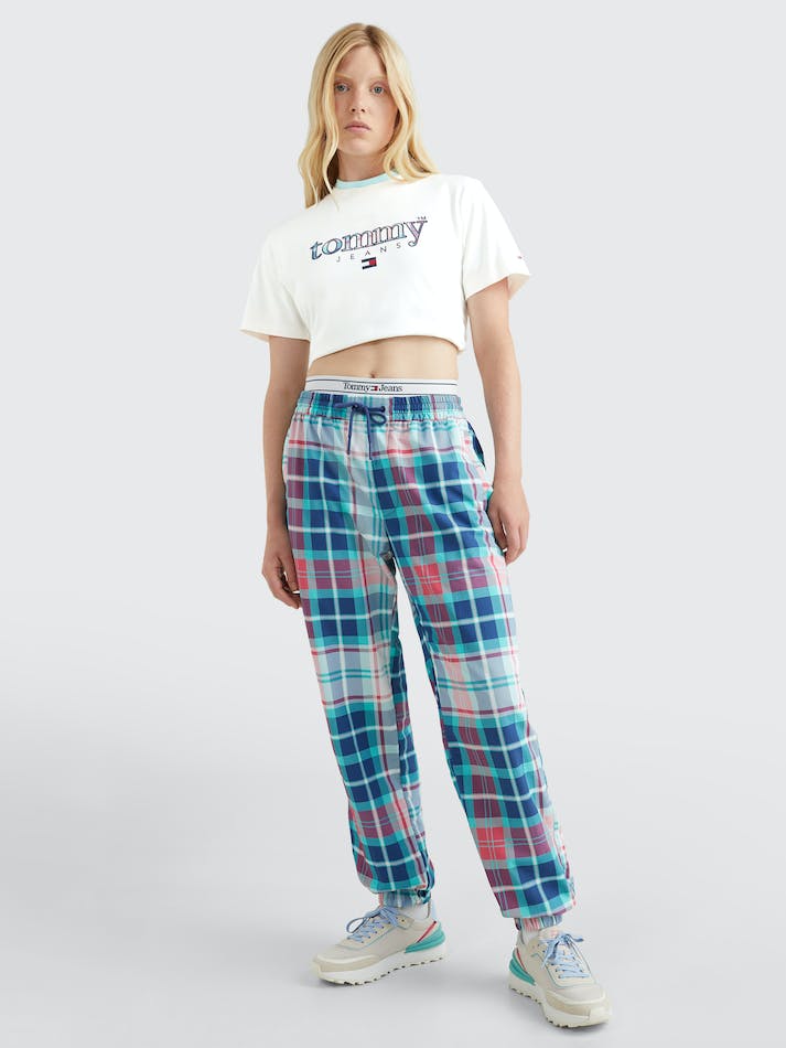 Tommy Jeans Tartan Logo Classic Fit Women\'s T Shirts White | XJwYZqPy7evz