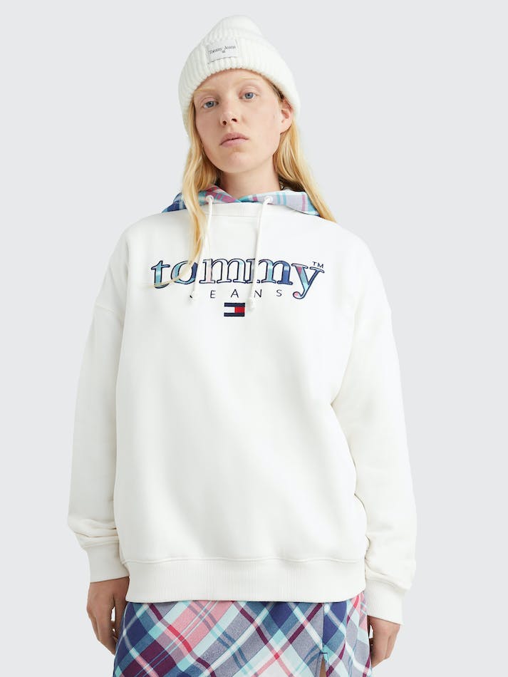 Tommy Jeans Tartan Logo Oversized Women's Sweatshirt White | VG1p1HdOCdSA