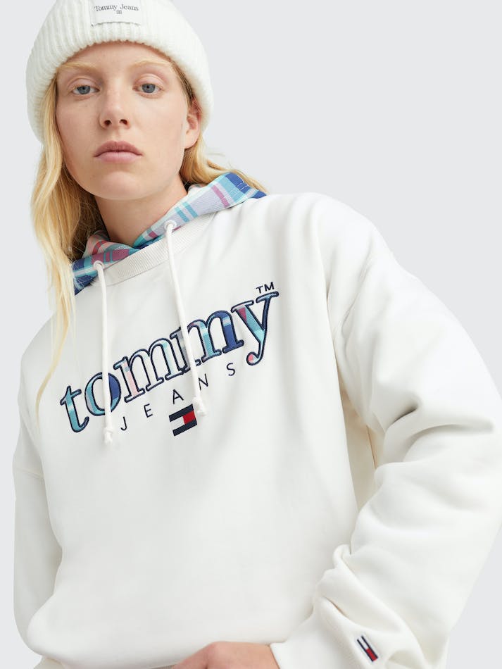 Tommy Jeans Tartan Logo Oversized Women's Sweatshirt White | VG1p1HdOCdSA